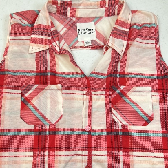 Size small red white plaid button up front tie sleeveless tank vest top - Picture 11 of 11